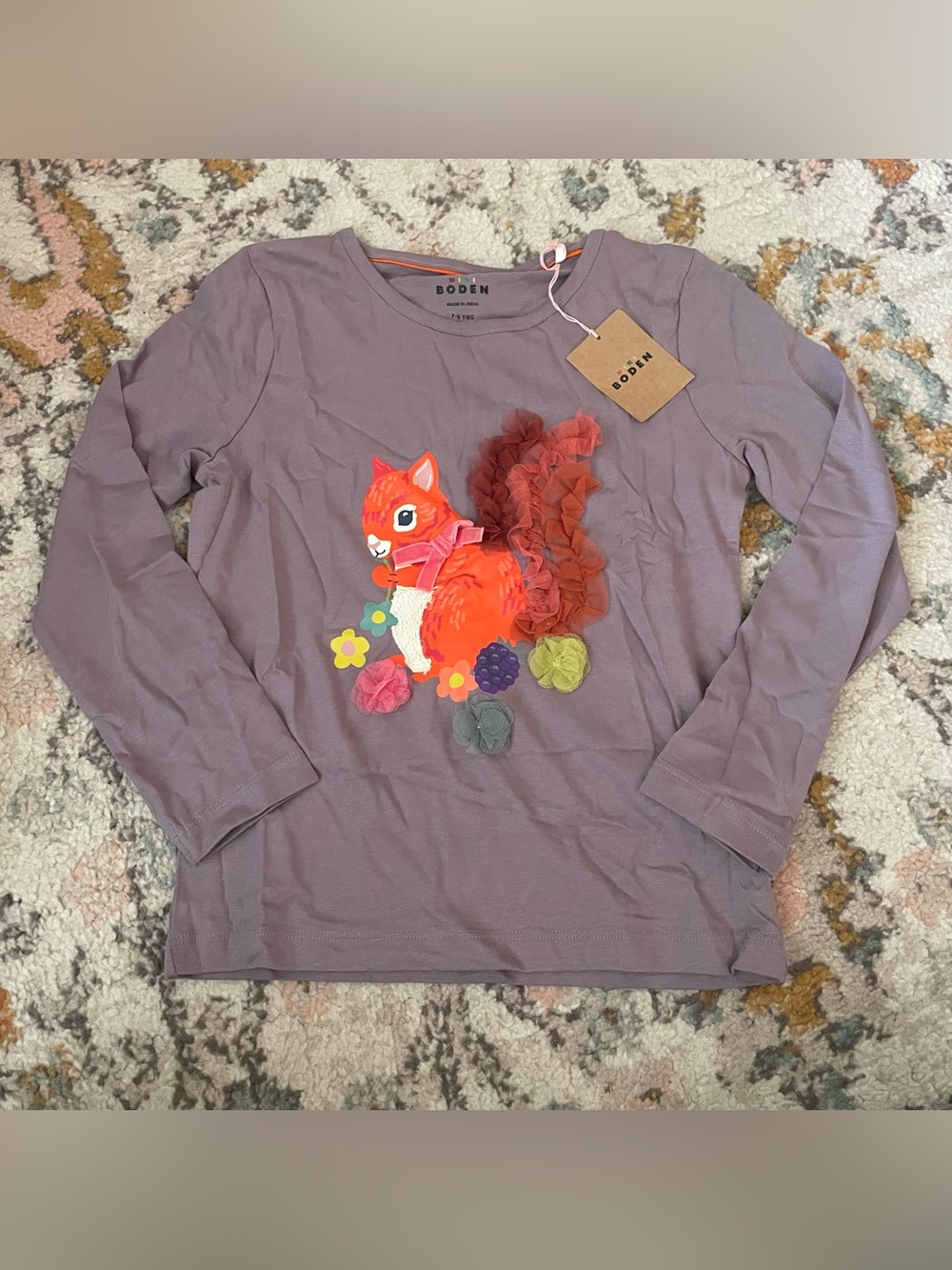 NWT Boden Girls' Purple Long-Sleeve Squirrel Appliqué Top